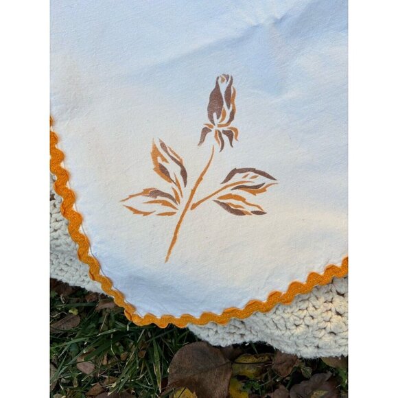 Vintage Floral Yellow Brown Small Tablecloth With Trim Square 34x34” Cottagecore - Picture 3 of 3
